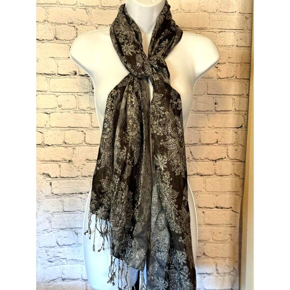 Sheer Long Lace Scarf Shawl Black Silver Glitter Stitching Fringe - Picture 2 of 9